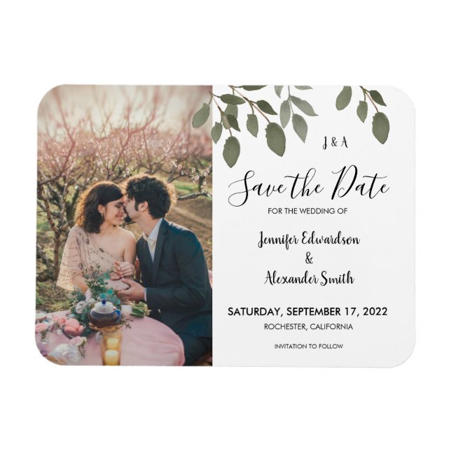 Íman Rustic botanical monogram photo Save the Date (Horizontal)