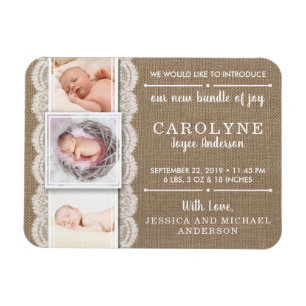 Íman Rustic Burlap & Lace 3 Anúncio de nascimento de