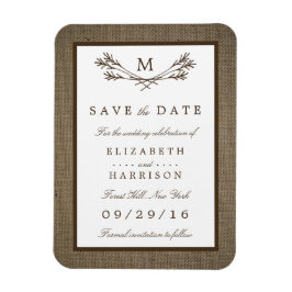 Íman Rustic Burlap Monogram Branch Save The Date