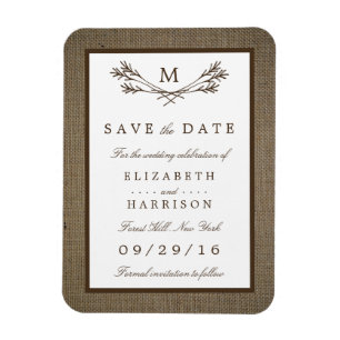 Íman Rustic Burlap Monogram Branch Save The Date