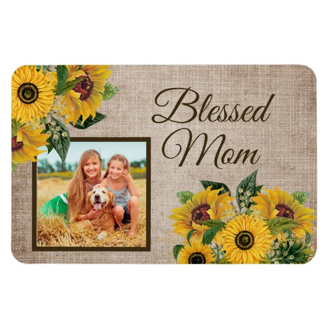 Íman Rustic Burlap Sunflower Abençoa Foto Da Mãe (Horizontal)