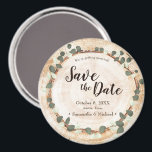 Íman Rustic Eucalyptus Wood Slice wedding magnet<br><div class="desc">Rustic eucalyptus save the date magnet featuring a natural wood slice design with soft greenery accents. This round woodland wedding save the date magnet is perfect for rustic weddings, forest ceremonies, barn venues, and nature-inspired celebrations. The realistic tree ring wood texture paired with delicate eucalyptus leaves creates a warm rustic...</div>