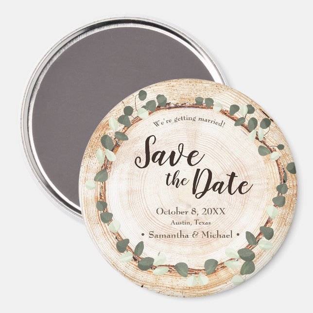 Íman Rustic Eucalyptus Wood Slice wedding magnet (Front/Back)
