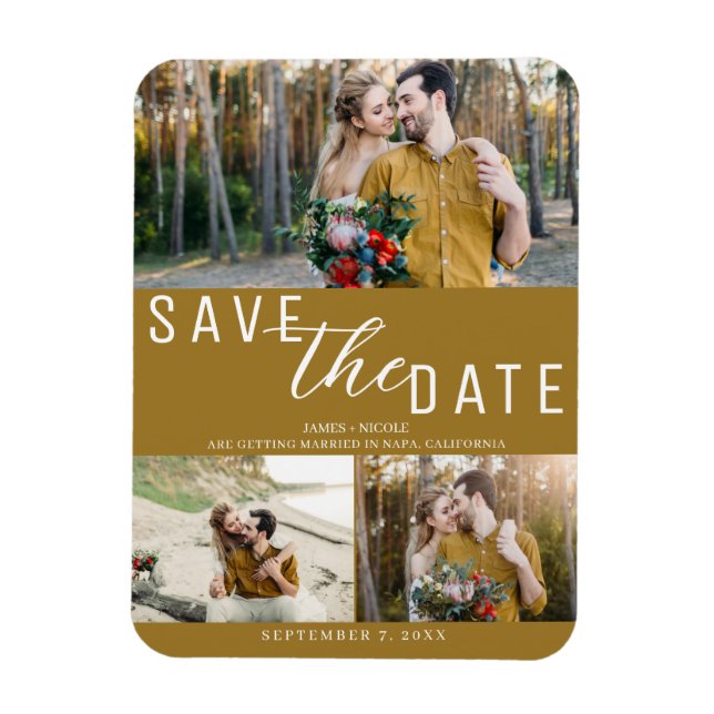 Íman Rustic Gold Save the Date Casamento 3 Fotos (Vertical)