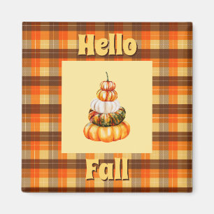 Íman Rustic Hello Fall Xadrez com Pumpkin Laranja