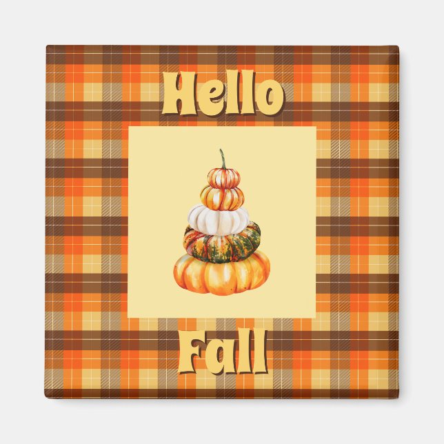 Íman Rustic Hello Fall Xadrez com Pumpkin Laranja (Frente)