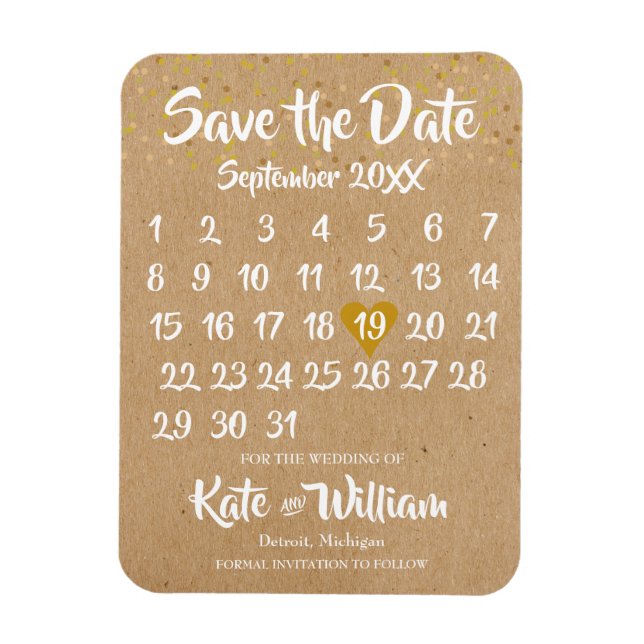 Íman Rustic Kraft Love Heart Calendar Salvar Data (Vertical)