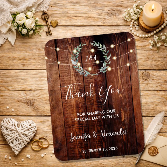 Íman Rustic leaves wood string lights Thank you wedding (Rustic leaves wood string lights Thank you wedding Magnet. )