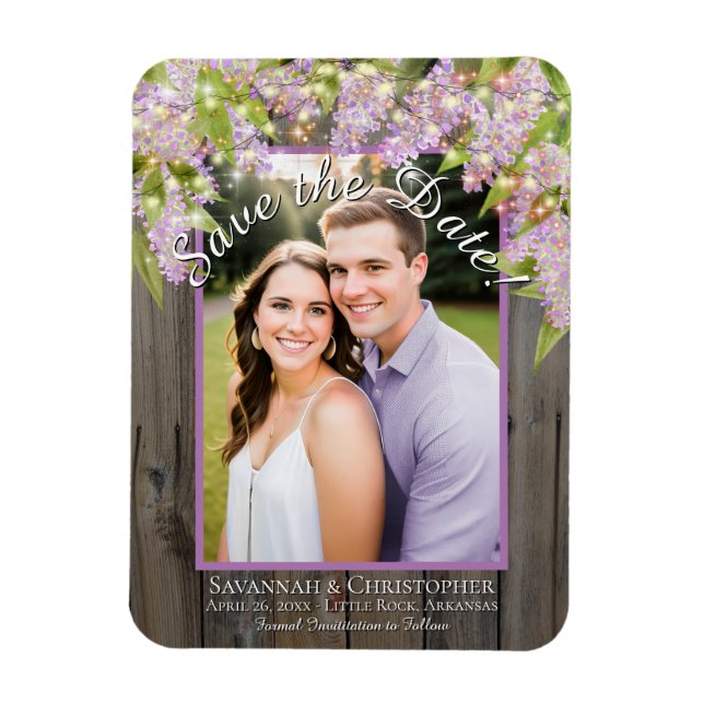 Íman Rustic Lilacs Lights & Photo Weding Save the Date  (Vertical)