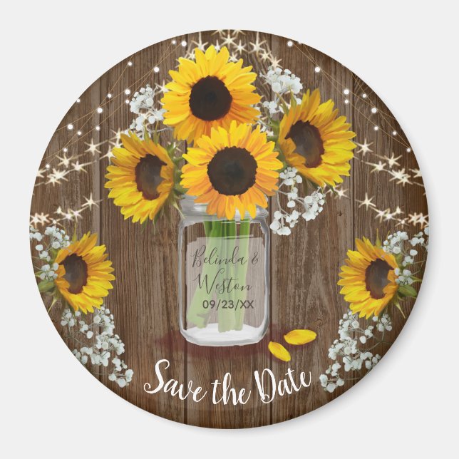 Íman Rustic Mason Jar Sunflower Salve o Casamento da Da (Frente)