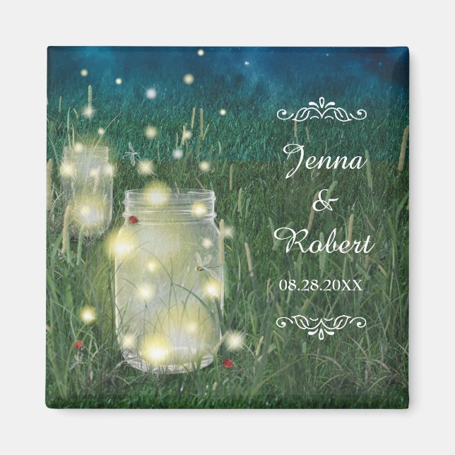 Íman Rustic Meadow Summer Night Mason Jar e Fireflies (Frente)
