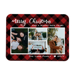 Íman Rustic Red Buffalo Check Merry Christmas Collage