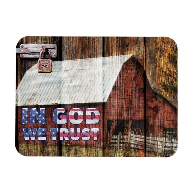Íman Rustic Red Faded Barn Com Trava Em Deus Nós Confia (Horizontal)