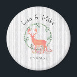 Íman Rustic Reindeer Boho Watercolor Casamento<br><div class="desc">Um imã comemorativo de casamento com um design de aquarela digital. Uma silhueta pastel de renas laranja dentro a coroa de folhas de ervas. Cogumelos e samambaias florestais aos seus pés. Uma cinza e um padrão de árvore de pássaros brancos no fundo.</div>