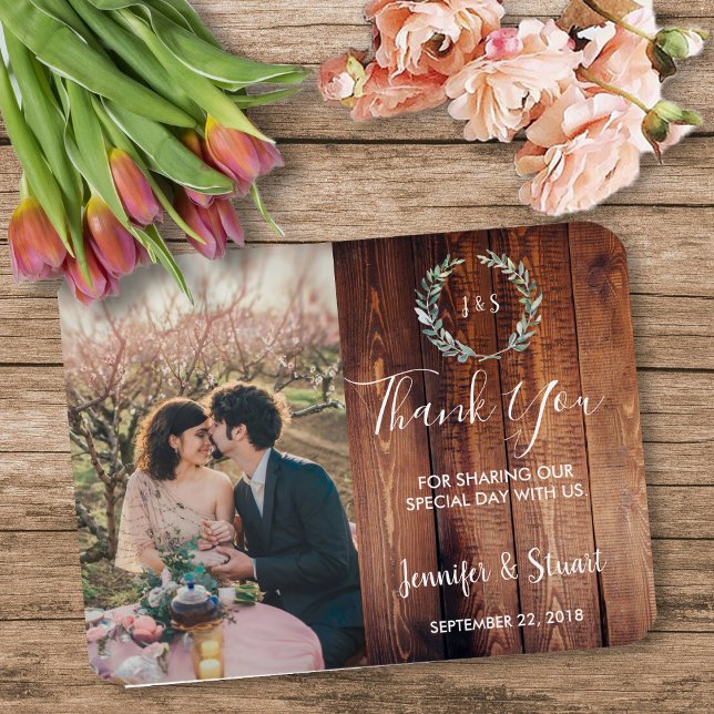 Íman Rustic Watercolor deixa foto do casamento Obrigado (Watercolor leaves on rustic wood, monogrammed, photo wedding thank you magnetic card.)