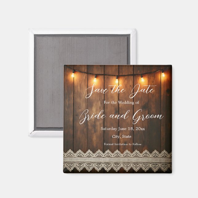 Íman Rustic Wood and Lace Wedding Save the Date Magnet (Front/Back)