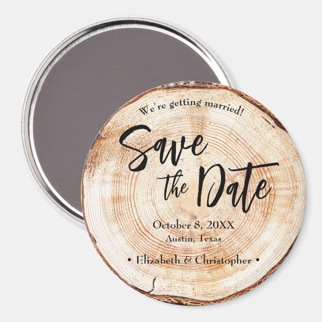 Íman Rustic Wood Slice Custom Save the Date Wedding (Front/Back)