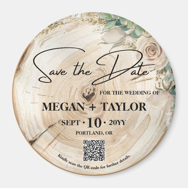 Íman Rústica Madeira Salva Data Sem Foto Código QR (Frente)