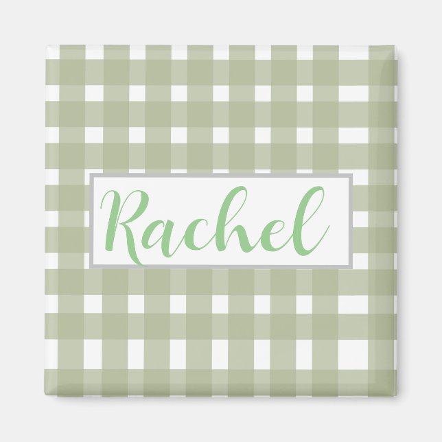 Íman Sage Green White Gingham Personalizado (Frente)