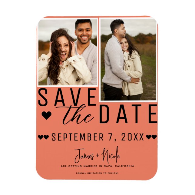 Íman Salmon Pink Save the Date 2 Foto Casamento (Vertical)