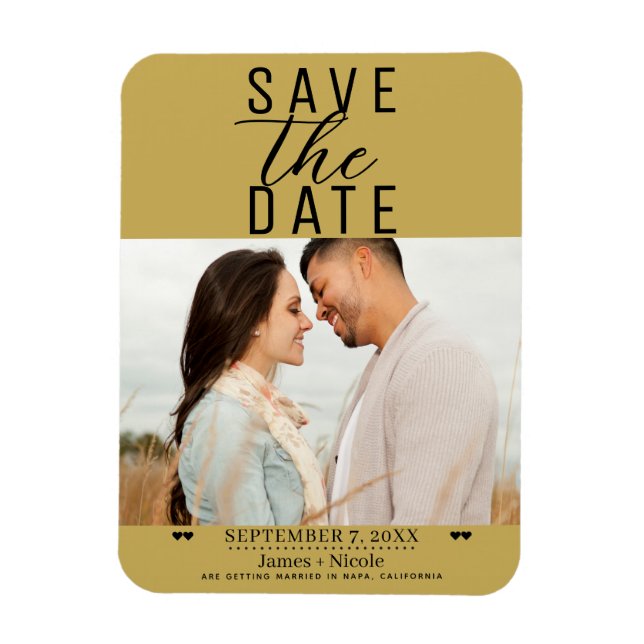 Íman Salvar data de casamento com foto em ouro moderno (Vertical)