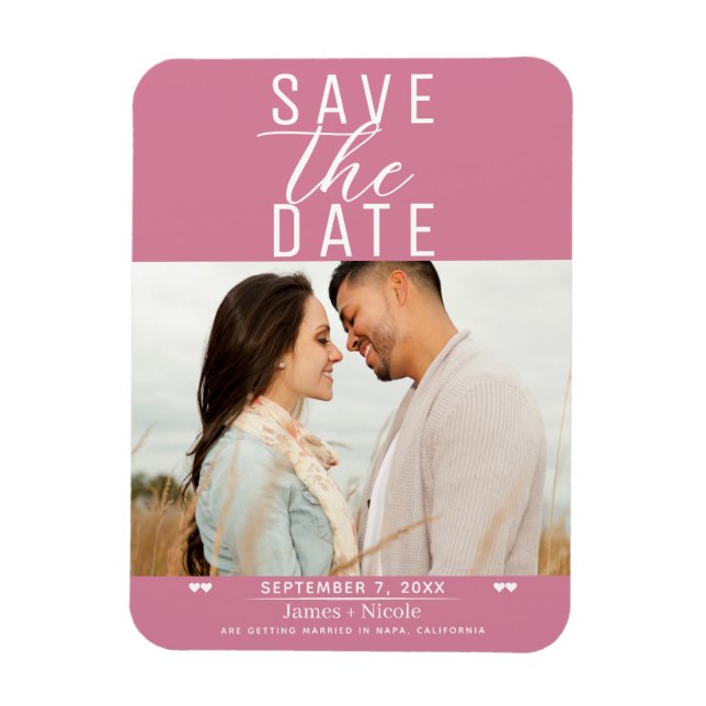 Íman Salvar data de casamento com foto em rosa moderno (Vertical)