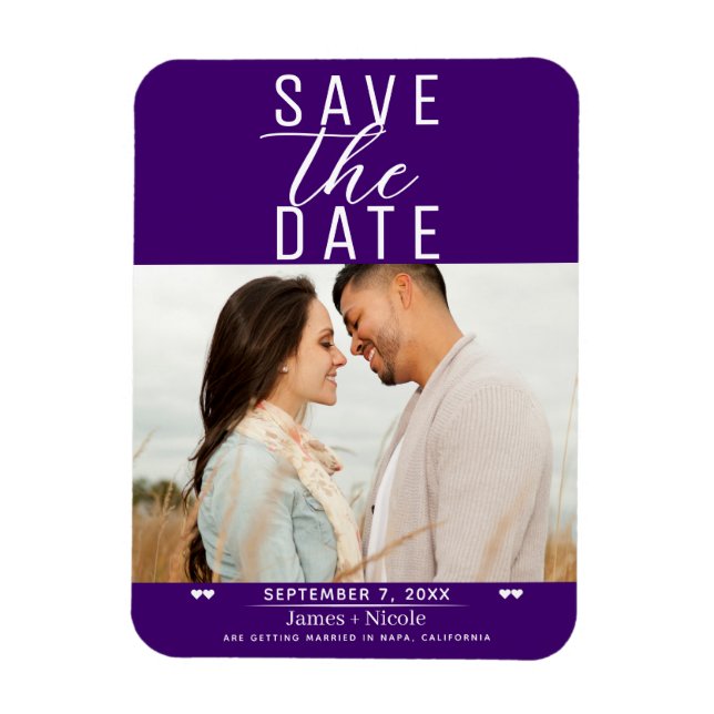 Íman Salvar data de casamento com foto em roxo índigo m (Vertical)
