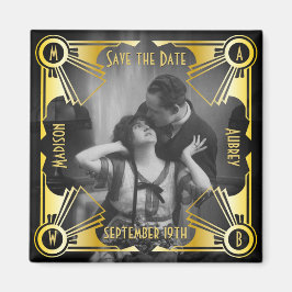 Íman Salve a data Art Deco Casamento Dourado e preto Fo