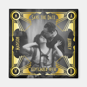 Íman Salve a data Art Deco Casamento Dourado e preto Fo