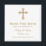Íman Salve A Imagem De Casamento: Cruz Religiosa<br><div class="desc">Christian Cross personalizado Salve o ímã de casamento de Data em branco com a inscrição dourada. Texto totalmente personalizável. A cor de fundo pode ser alterada. Projetado por Heard_.</div>