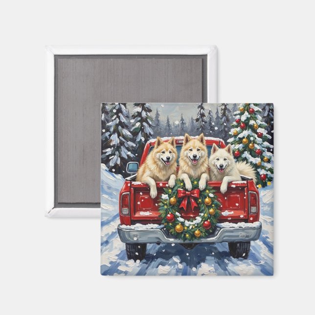 Íman Samoyed Natal Caminhão Vermelho Feriado (Front/Back)
