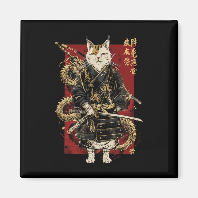Íman Samurai Cat Com Dragão Japonês Kanji (Frente)