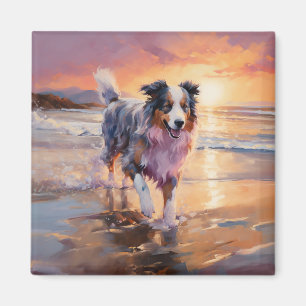 Íman Sandy Australian Shepherd Dog on Beach Sunset