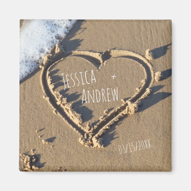 Íman Sandy Beach Personalised Names Heart Save the Date (Frente)
