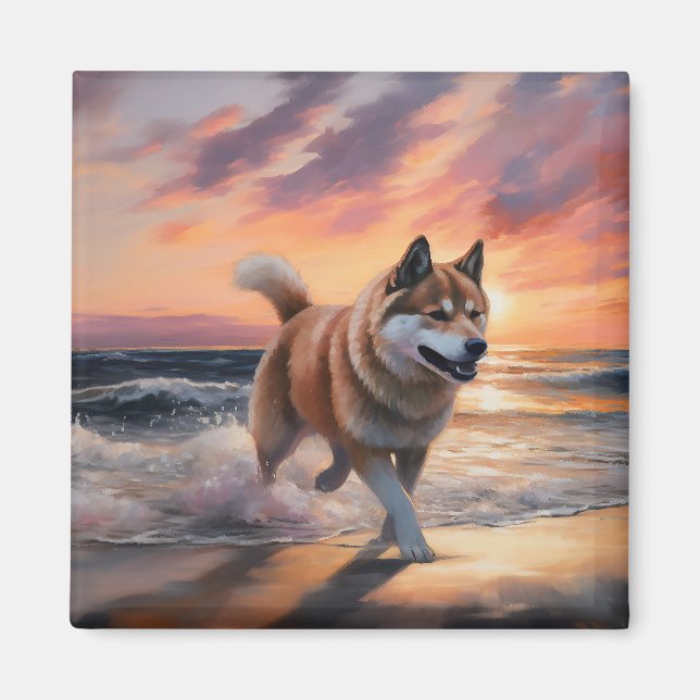 Íman Sandy Paws Akita Dog em Beach Sunset (Frente)