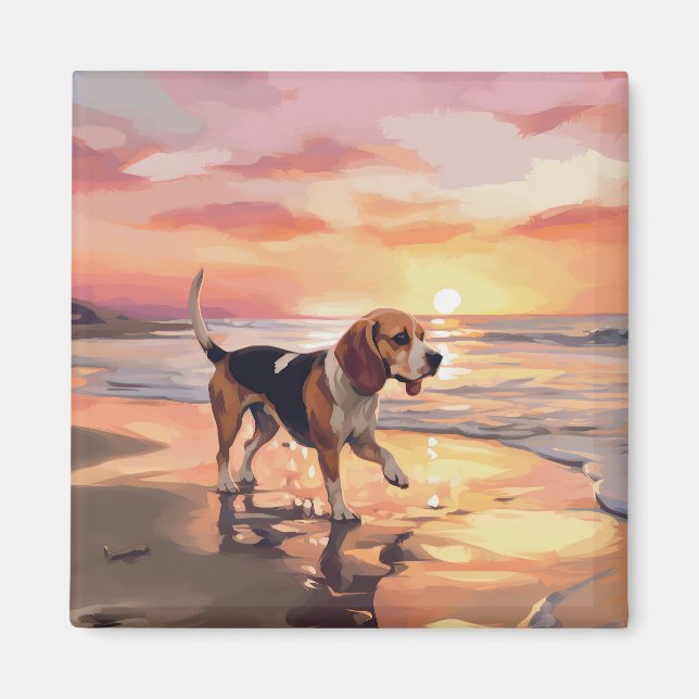 Íman Sandy Paws Beagle Dog em Beach Sunset (Frente)
