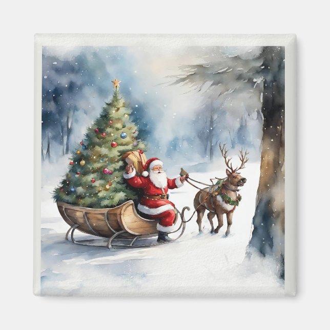 Íman Santa Claus Snow Reindeer Sleigh Holiday (Frente)