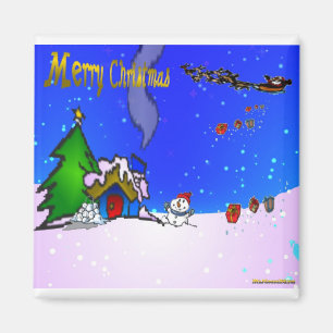 Íman Santa_drops_gifts_by_snowman_and_snow_covered_hous