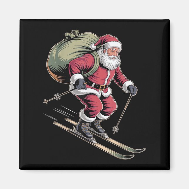 Íman Santa Skiing Down Snowy Slopes  (Frente)