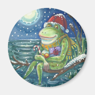 Íman SAPO EM UM LOG, HOLIDAY CHRISTMAS MAGNET Round