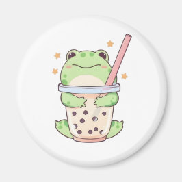 Íman Sapo Kawaii Chibi Abraçando Xícara de Bubble Tea