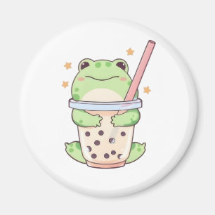 Íman Sapo Kawaii Chibi Abraçando Xícara de Bubble Tea