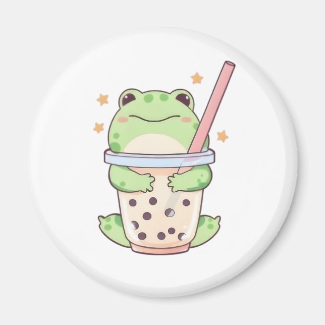 Íman Sapo Kawaii Chibi Abraçando Xícara de Bubble Tea (Frente)