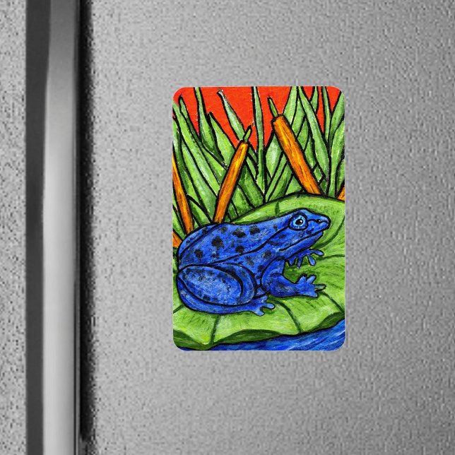 Íman Sapo Vibrante de Veneno Azul (Vibrant blue poison frog on lily pad tall grass with reeds on rectangle magnet.)