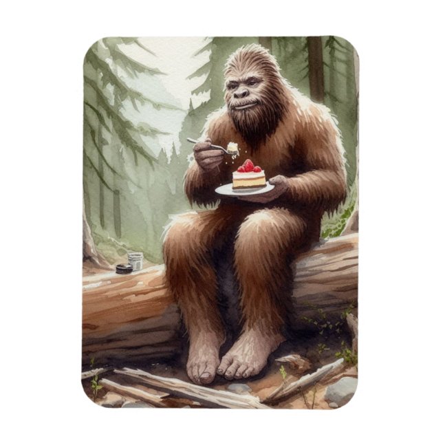 Íman Sasquatch em floresta musgosa com um cheesecake (Vertical)
