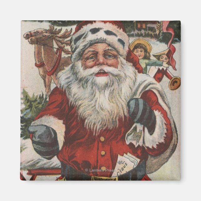 Íman Saudação de NatalPapai Noel com Veado e Crianças (Frente)