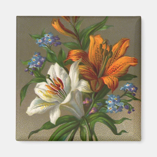Íman Saudações de Aniversário Vintage com Flores de Lír (Frente)