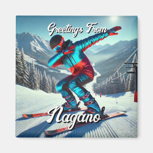 Íman Saudações de Nagano Japão Dabbing Skier Postcard