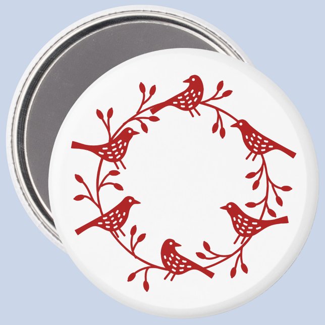 Íman Scandi Wreath of Birds and Rosehips (Red and white Scandinavian bird wreath magnet)