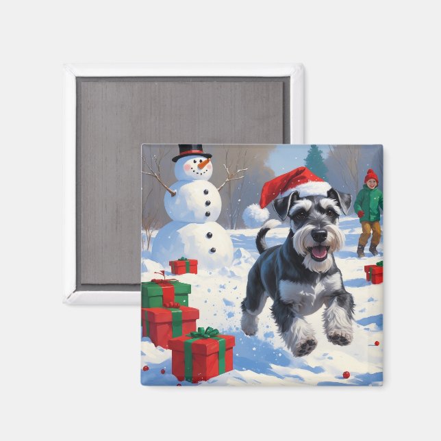 Íman Schnauzer Correndo na Neve com Chapéu de Natal (Front/Back)